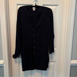 Chicos navy blue cardigan.  Content is rayon and nylon.